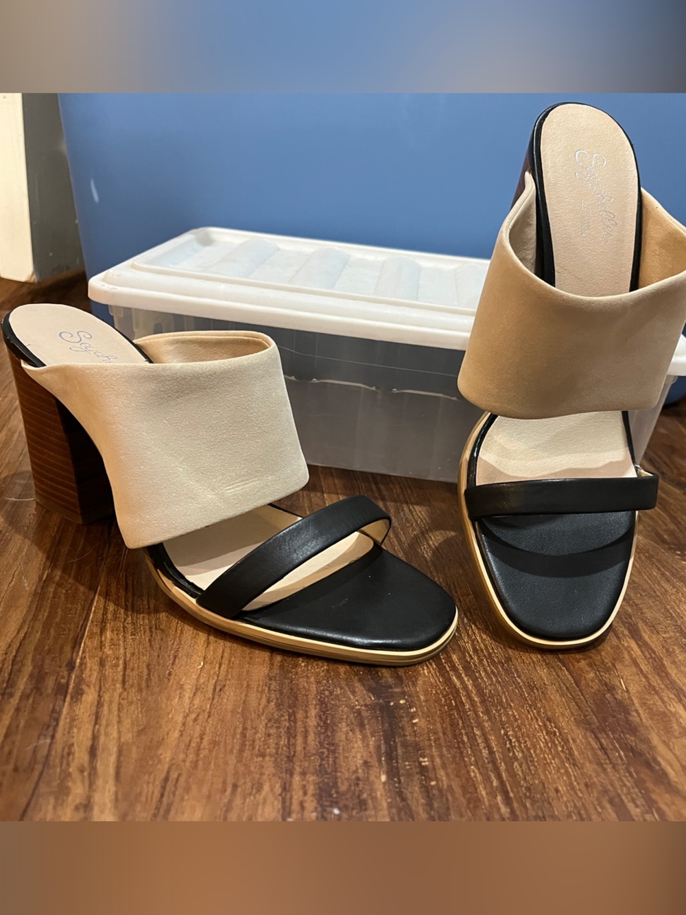 Seychelles Two-Tone Beige and Black Block Heel Sandals